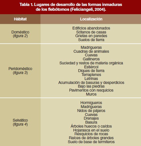 Tabla 1. Lugares de desarrollo de las formas inmaduras de los flebótomos (Feliciangeli, 2004).