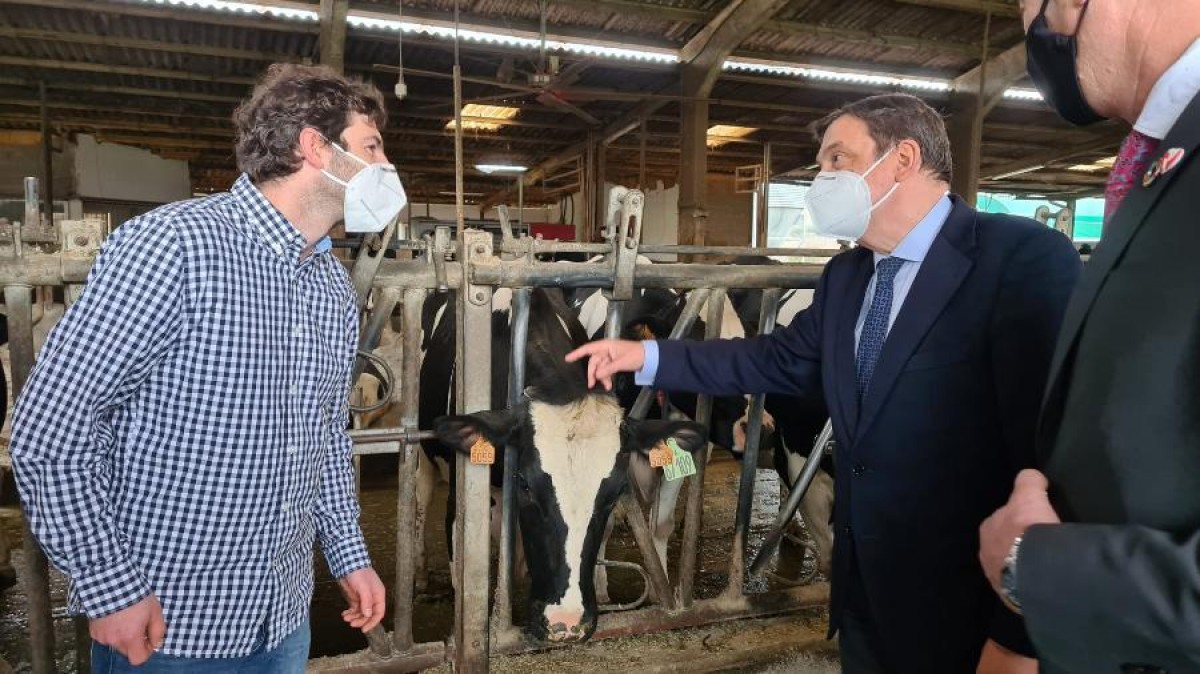 El ministro Luis Planas visitó la explotación ganadera S.A.T. Arenas, donde realizó un recorrido por las instalaciones destinadas a la cría de vacuno de leche y las líneas robotizadas de ordeño y de alimentación. (Imagen: MAPA)