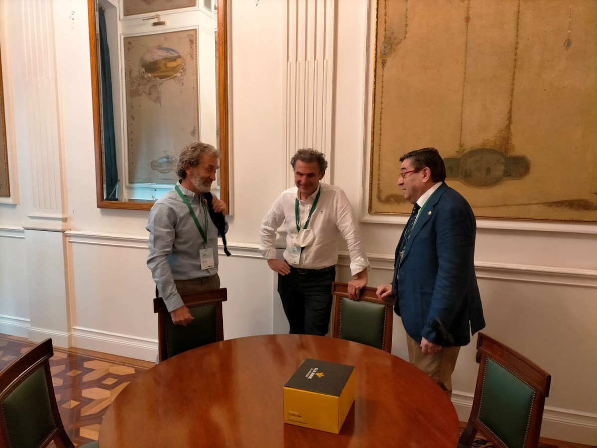 Fernando Simón, Francisco Javier Falo y Jesús García conversan antes de entrar en la sala de ponencias.