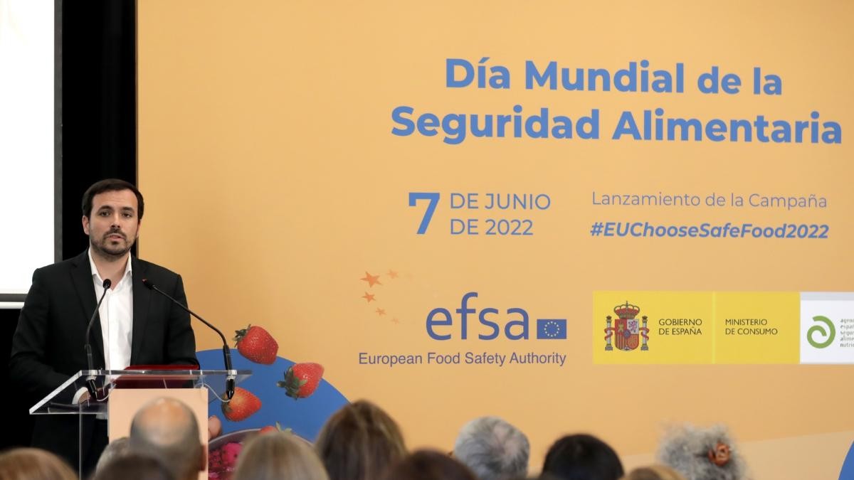 El ministro de Consumo, Alberto Garzón, durante la inauguración del acto organizado por la AESAN en el Día Mundial de la Inocuidad de los Alimentos.